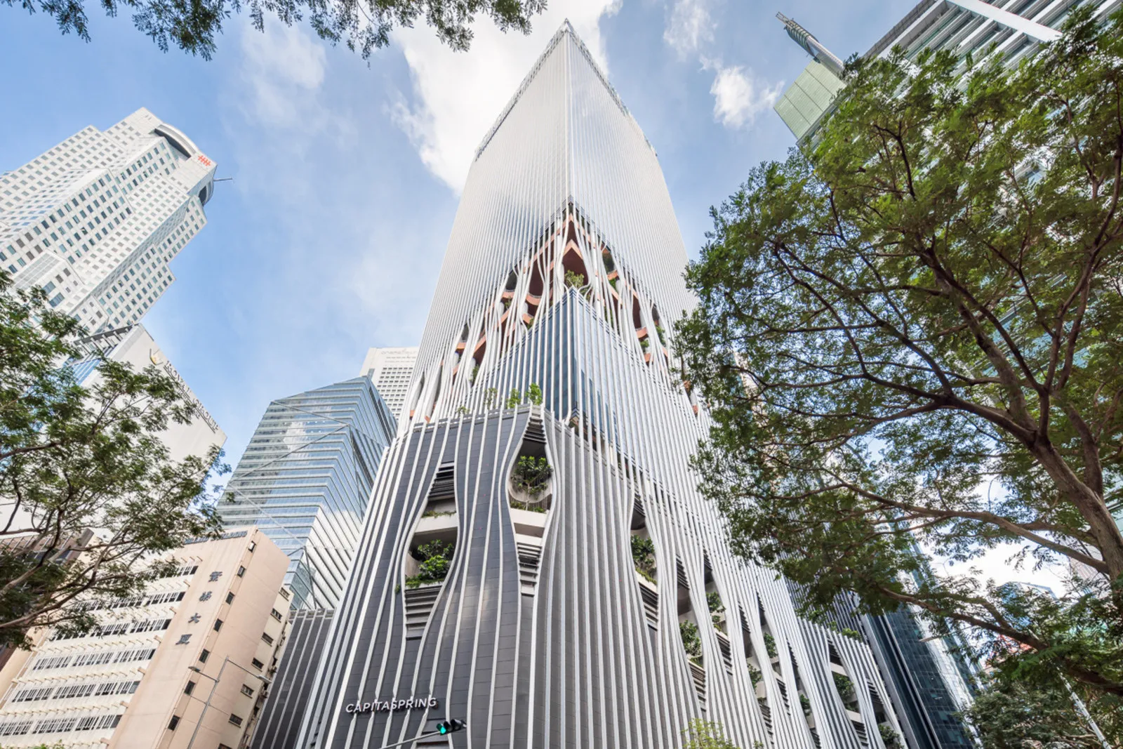 Upward view of the modern CapitaSpring skyscraper with vertical white architectural lines and greenery on balconies, surrounded by other tall buildings and trees.