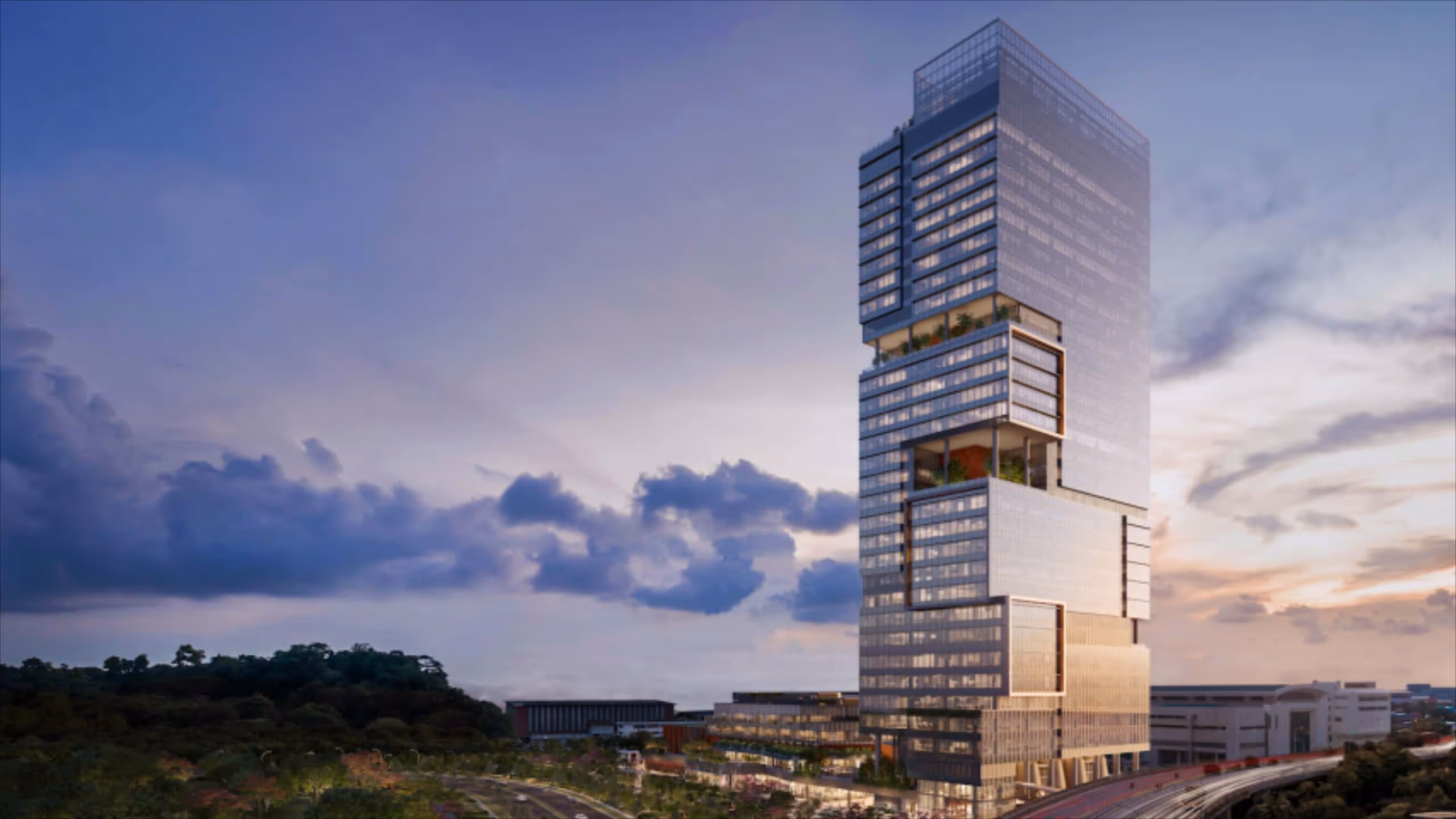 Modern multi-tiered glass skyscraper Labrador Tower with terraces at sunset, surrounded by greenery and an adjacent roadway, perfect for RHQs