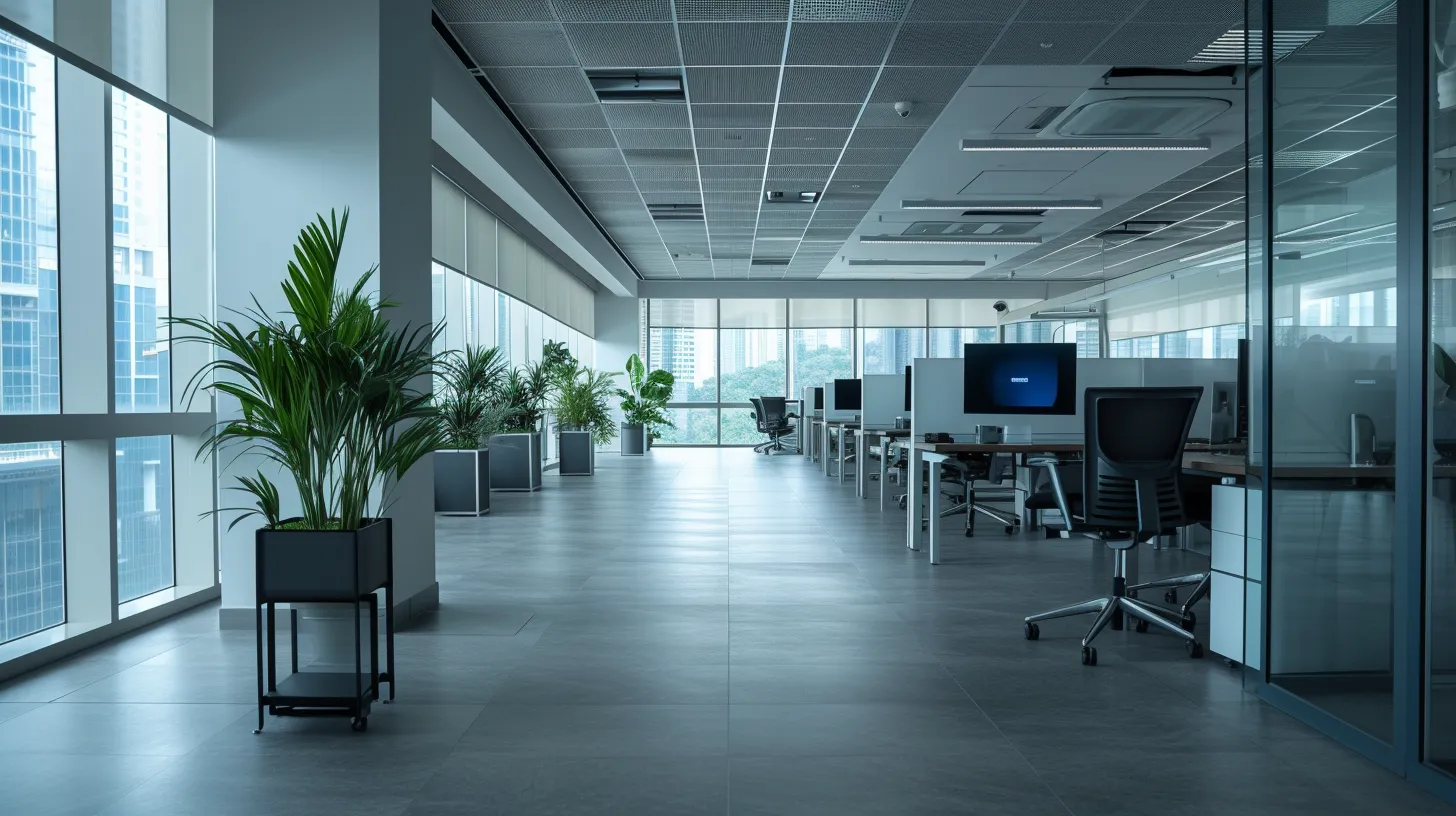 Modern office interior with rows of desks and computers on the right and large windows with plants on the left.